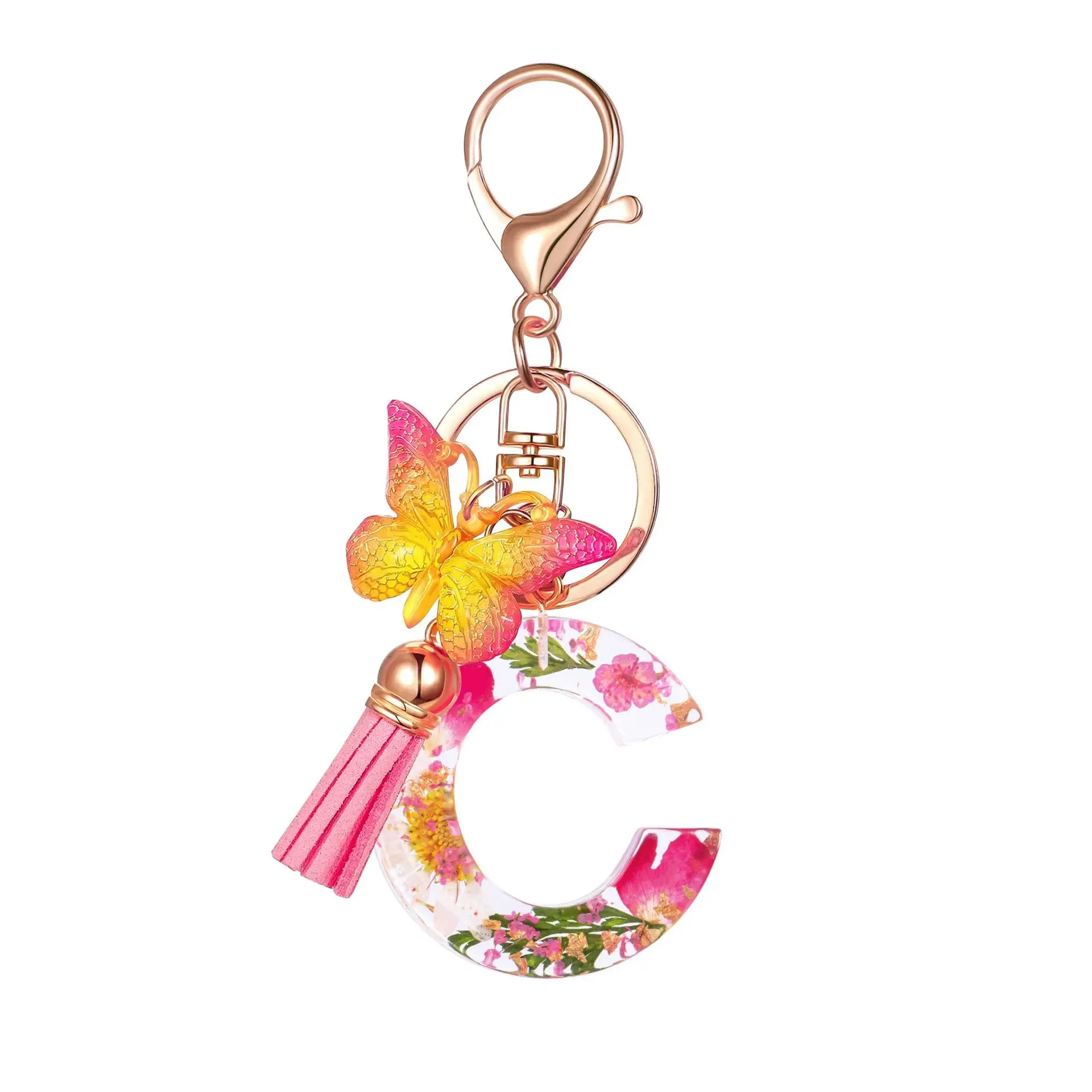 New Tassel Butterfly Flower Resin Keychain Versatile 26 Letter Keychain Backpack Pendant Wholesale