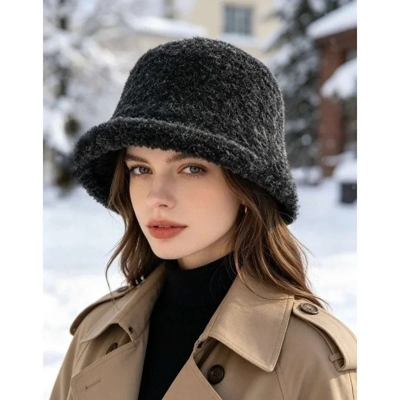 Women's Winter Bucket HatFuzzy Curled Yarn Cloche HatWarm Soft Knit Fisherman CapVintage Rolled Brim for Cold Weather Outdoor