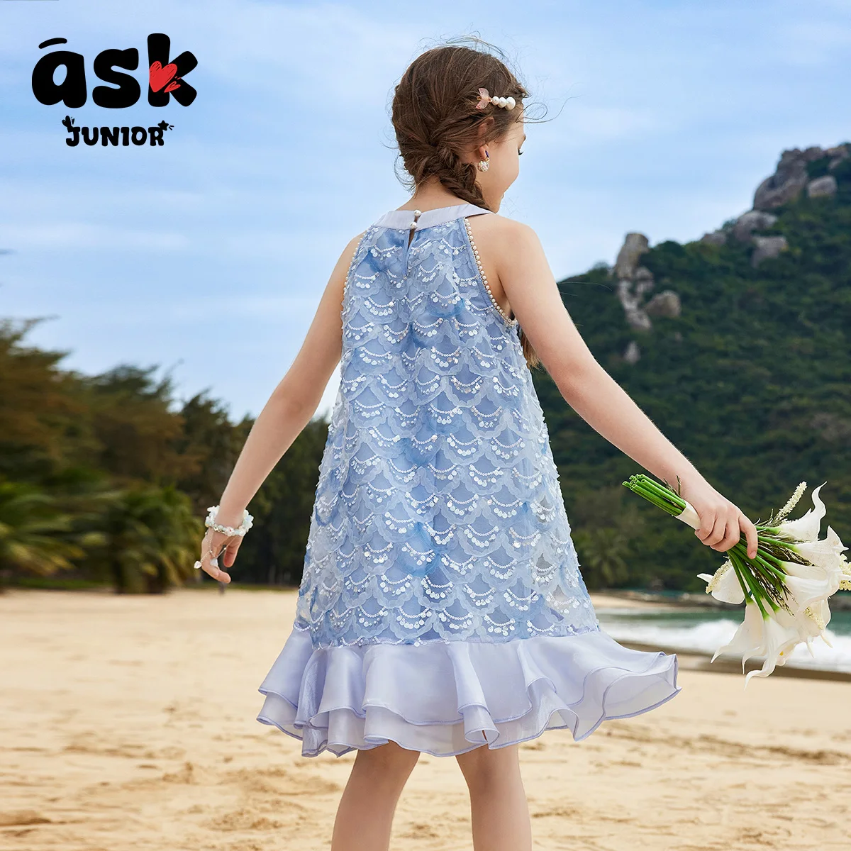 اسأل فستان صيفي رقيق بدون أكمام للفتيات الصغيرات فستان مأدبة مزين بالترتر على شكل سمكة #2