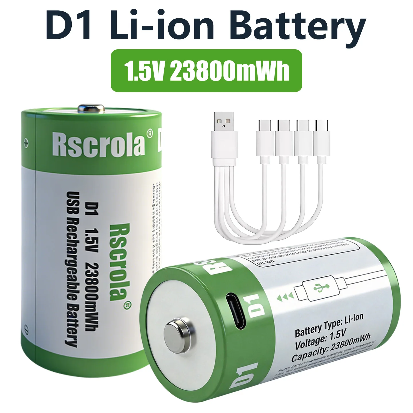 High Capacity 1.5V 23800mWh USB Rechargeable D Cell Lithium Battery (LR20) for Gas Stove, Water Heater, Flashlight, Radios