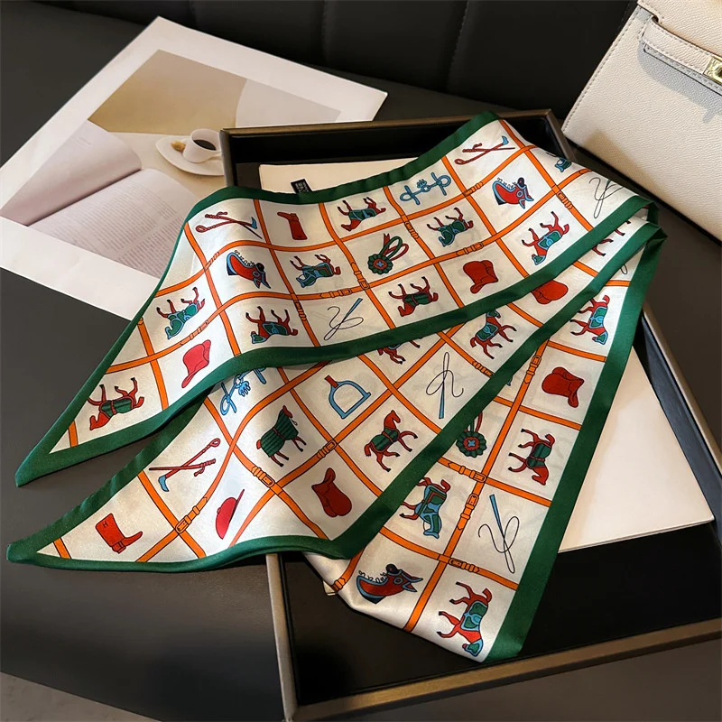 2025 Foulard Imprime Cheval Pour Femme، Long Bandeau En Satin Doux، Design De Luxe، الحجاب De Bureau، 14*147 سم