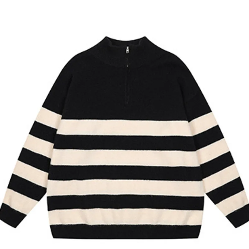Men's striped knitted sweater, half zip mid neck sweater, men's autumn and winter lazy style couple pullover knitted sweater