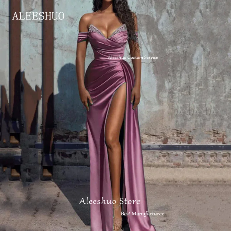 Aleeshuo-vestidos de noche con cuentas de sirena, vestido de graduación Formal con abertura lateral alta, Sexy, satén, largo hasta el suelo, vestido de fiesta de cóctel