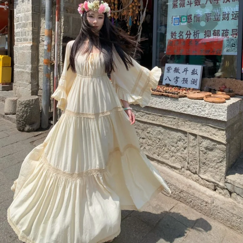 New Elegant Square Neck Trumpet Sleeve Large Hem Holiday Dress Beige Bohemian Casual Beach Long Dress Women Vestidos view 3