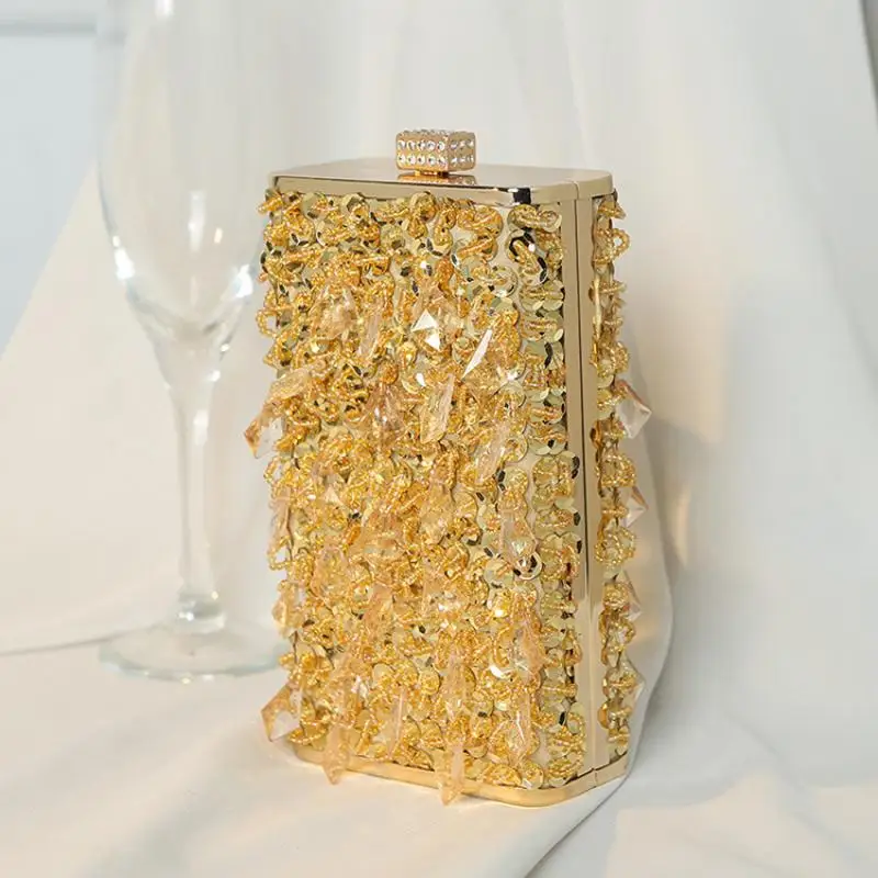

Fashion Crystal Diamond Square Clutch Handbag for Women Glass Rhinestones Party Gold Purse Designer Tassels Bags Top Handle Bags
