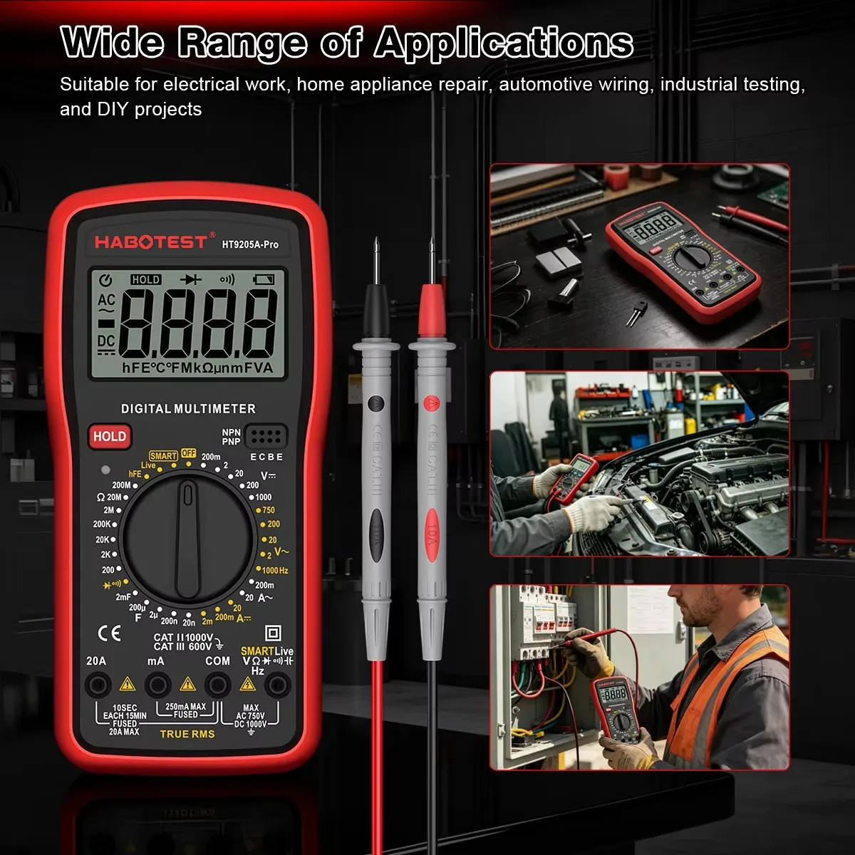 HABOTEST HT9205A-PRO True RMS Digital Multimeter 2000 Counts AC/DC Voltage Current Resistance Capacitance Electrician Tester