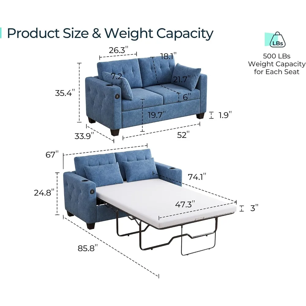 2-in-1 Convertible Pull Out Sleeper Sofa Bed,  Loveseat Couch Bed w/Memory Foam Mattress for Living Room, Full Size