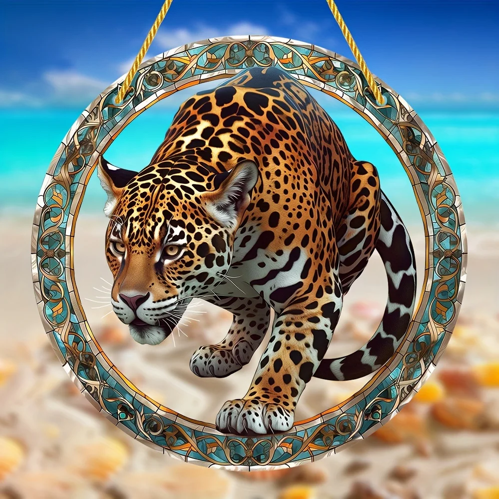 Jaguar-Themed Stained Glass Window Hanging-Round Acrylic Sun Catcher,Perfect For All Seasons,Indoor&Outdoor,Ideal Birthday Gift