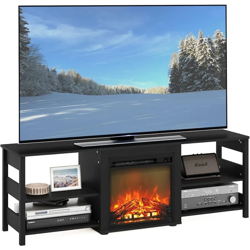 Open Storage Curved Entertainment Center Stand with Fireplace for TV up to 55 Inch, Americano