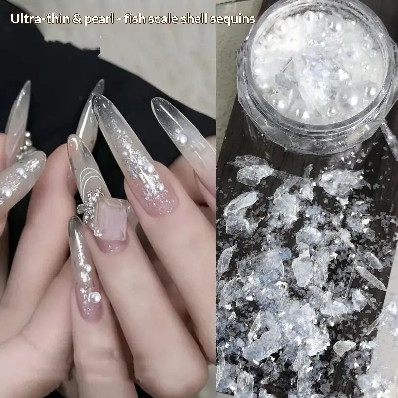 Nagel-Charms, modische, unregelmäßige, transparente Aurora-Muschelscheiben, weiße Imitationsperlen für Salon-Qualität, Nagelkunst-Design – Detail 2