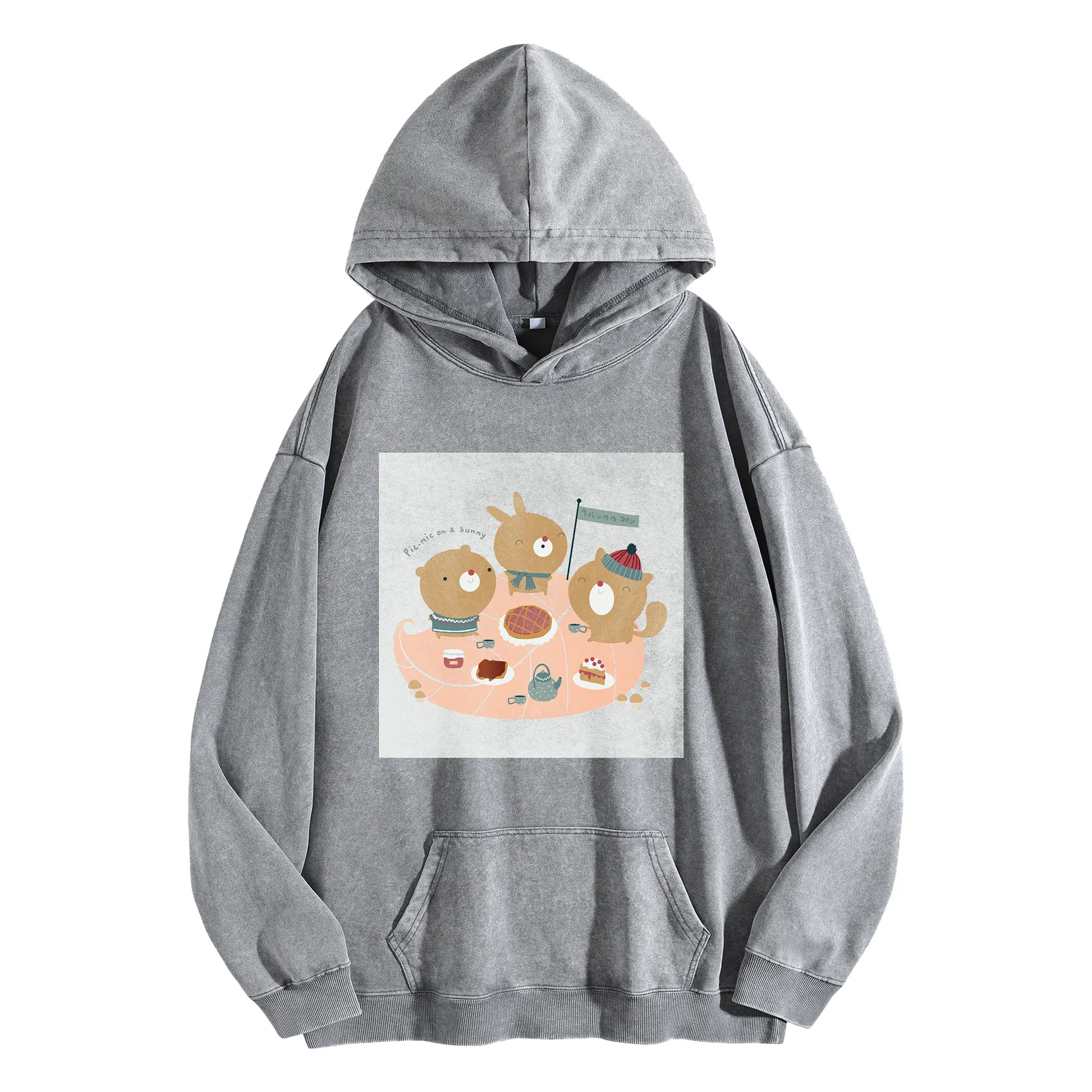 نزهة الحيوانات الجرافيك طباعة 400G خمر غسلها هوديي للجنسين المتضخم الشارع الشهير البلوز مجموعة الخريف/الشتاء