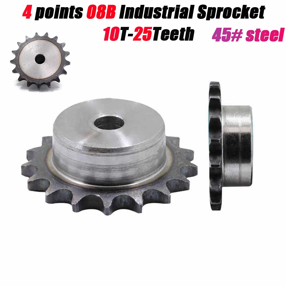 1Pcs 08B Industrial Sprocket Process Hole 10-14mm/10 Teeth to 25 Teeth With 08B Chain / 4 Points Sprocket / Pitch 12.7MM 45#