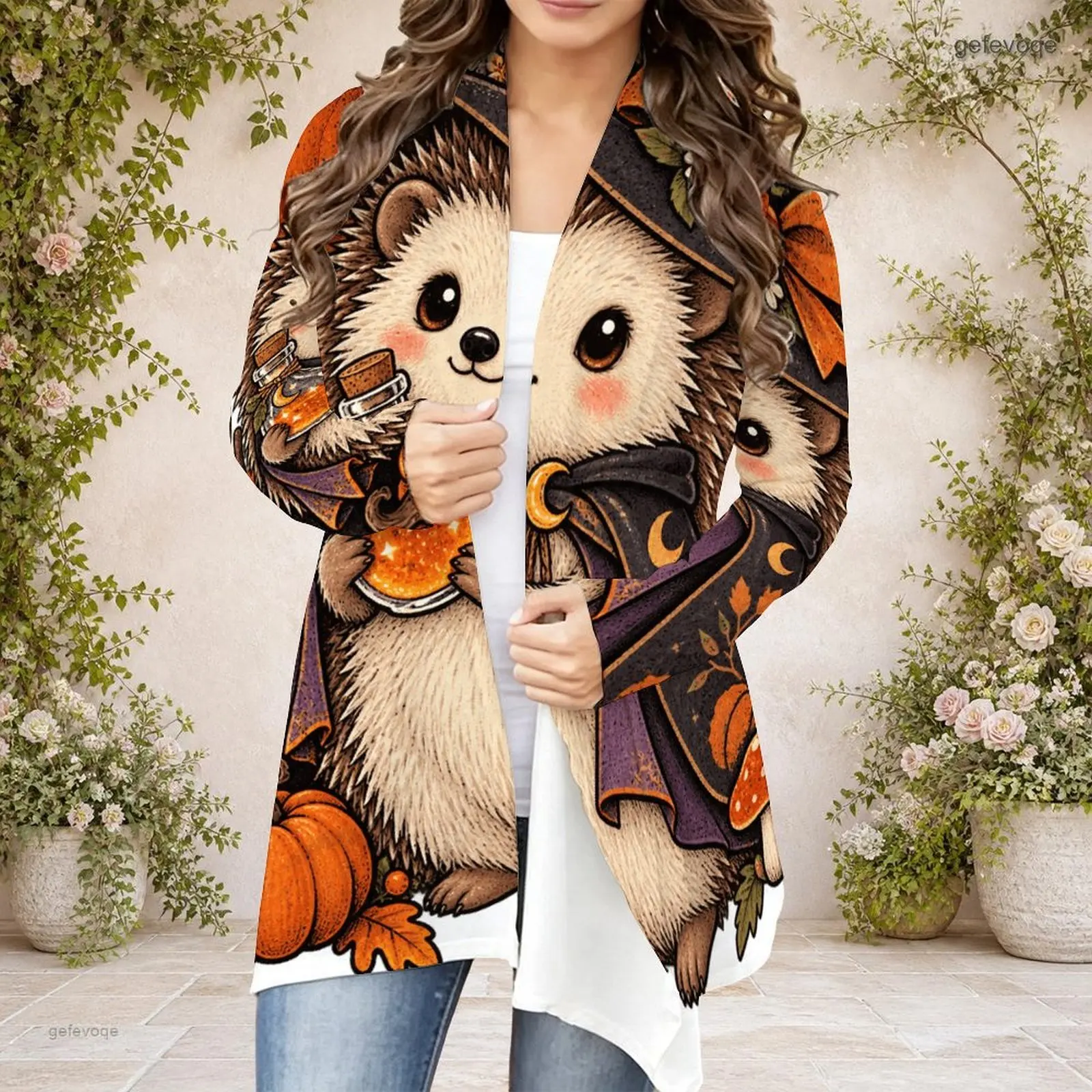 Long Sleeve Open Front Draped Collar Curved Hem Printed Cardigan for Women