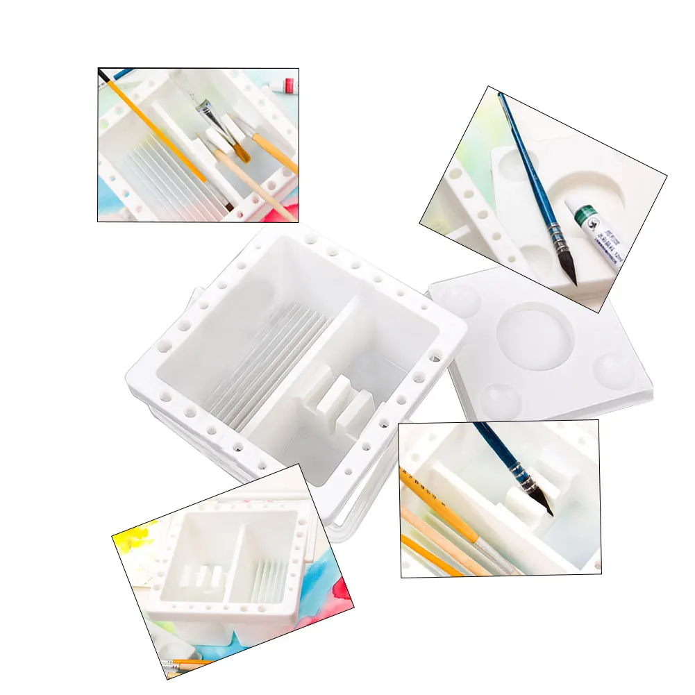 ถังพลาสติกใส่แปรงทาสีน้ำ24รูสำหรับนักเรียนถังทำความสะอาดอ่างล้างหน้าพร้อมฝาปิดใช้งานได้จริงสำหรับโรงเรียน