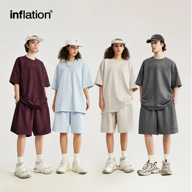 Inflation Sommer übergroße Trainings anzug Set Unisex Wildleder Stoff geprägt T-Shirts und Shorts Set