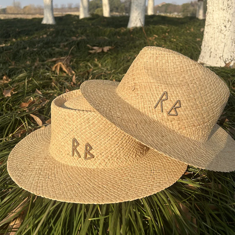 Fashion Letters Summer Concave Top Seagrass Straw Hats For Women Men Caps Wide Brim Chain Sun Hat Outdoor Panama Jazz Boater Hat