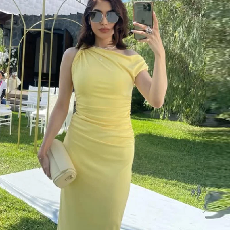 HXAO Yellow Women's Dress Sleeveless Asymmetrical Long Dresses Women Ruched Bodycon Party Dresses Woman Slit Elegant Midi Dress