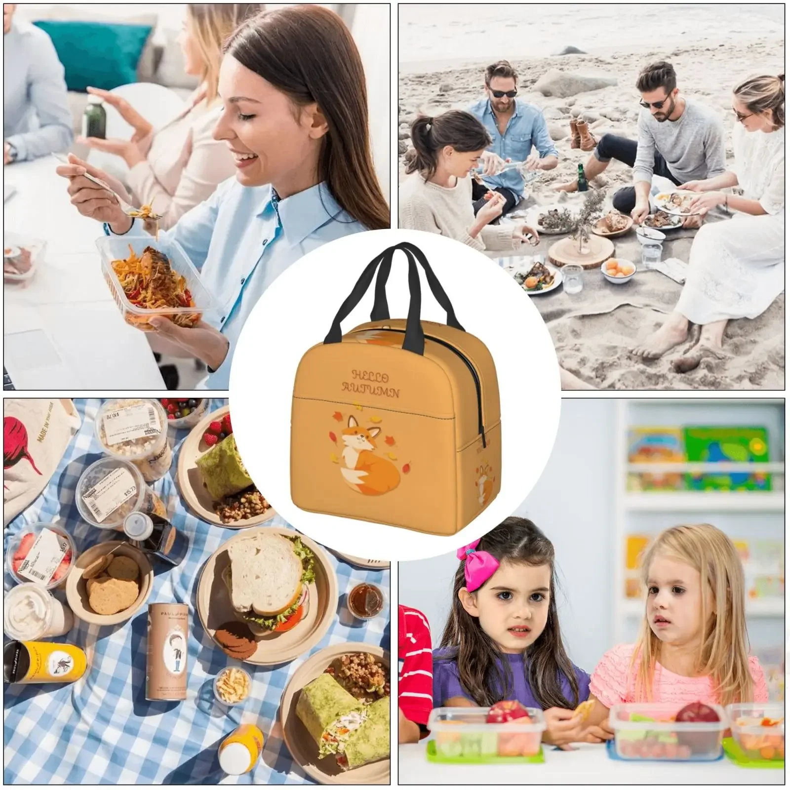 Autumn Leaves Fox Pattern Portable Lunch Boxes Waterproof Thermal Cooler Food Insulated Lunch Bag Kids School Children