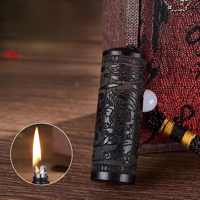 New Ebony Diesel Torch Lighter Mini Keychain Retro Kerosene Lighter Exquisite Carving Key Chain Cigarette Accessories Gifts