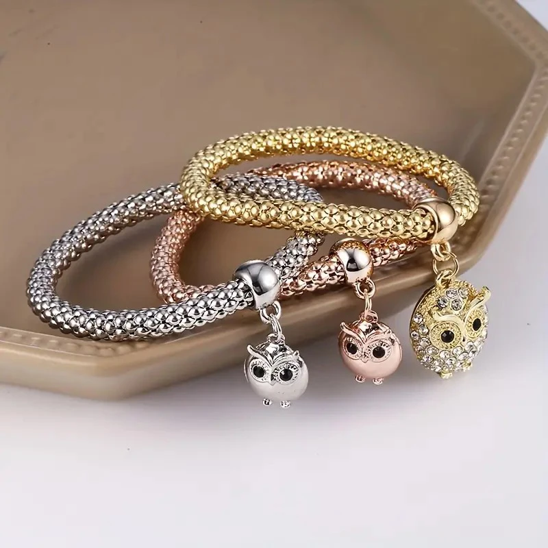 3-teiliges Set Herz-Schloss-Schlüssel, Musikzeichen, Charm-Armband, Eule, Rosévergoldung, silberfarbene Kette, Owm-Charm-Armreif, Schmuckset – Detail 12