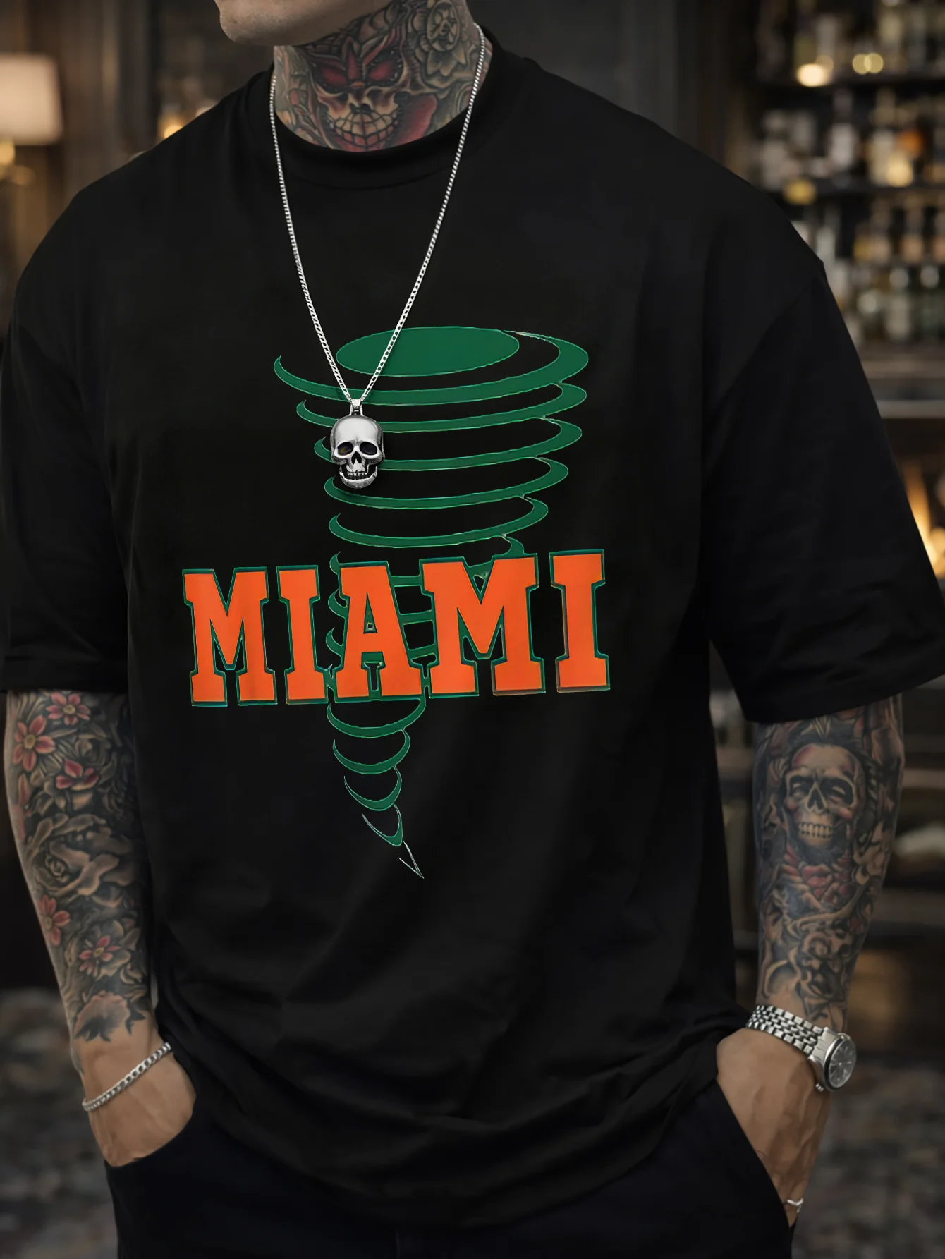 Comfortable and Stylish] Comfortable and Stylish Men's T-Shirt'Miami' with Tornado Pattern, Round Neck, Short Sleeves, Suitable for All Seasons, Regular Fit
