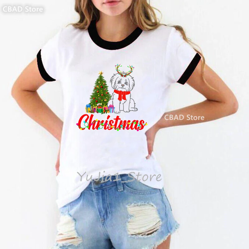 

Shih Tzus Merry Xmas Graphic Print Tshirt Girls Kawaii Dogs Lover T Shirt Women Best Friends T-Shirt Female Tops Harajuku Shirt