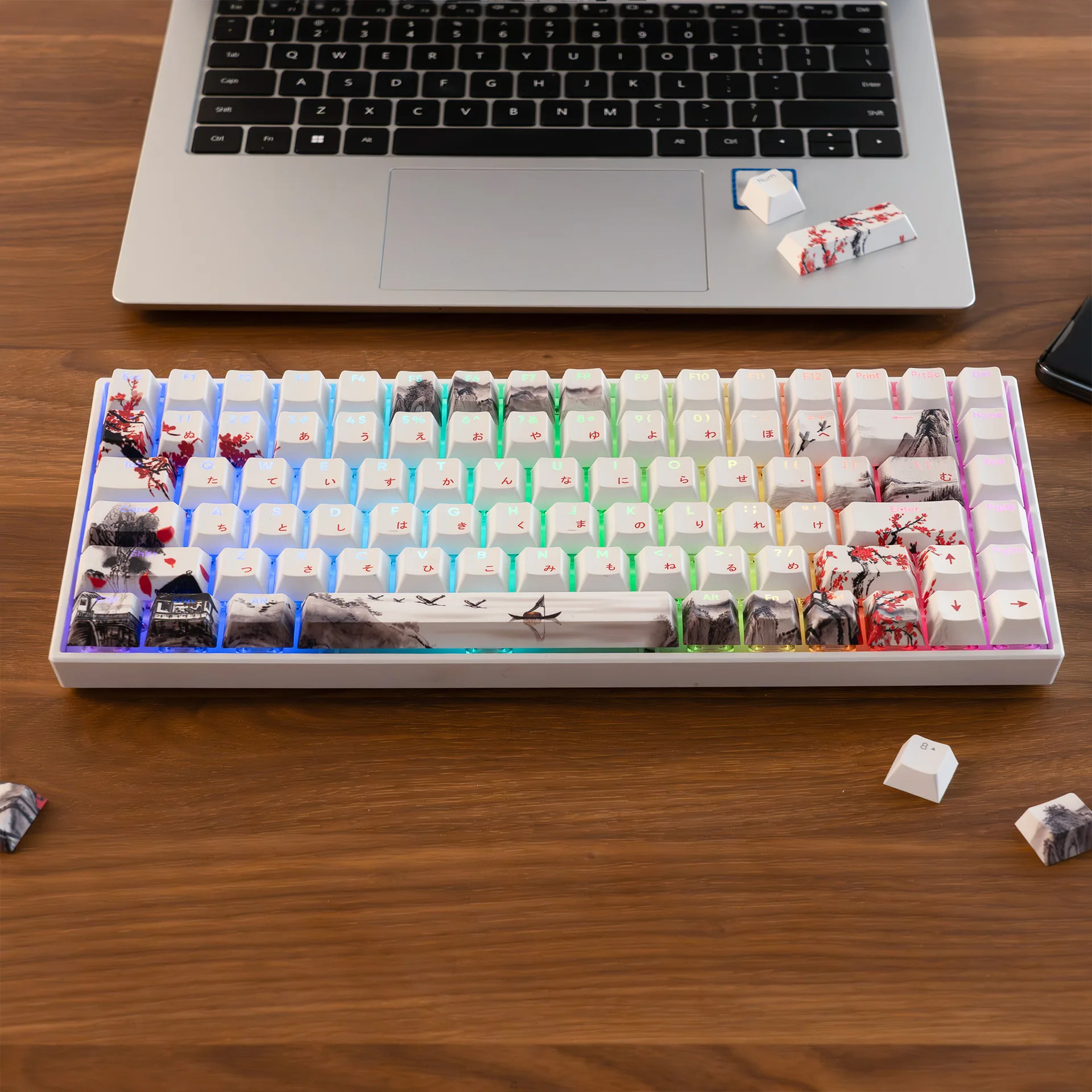 Landscape plum blossom sublimation original factory height ink painting characters translucent Japanese Korean Russian 127 keys