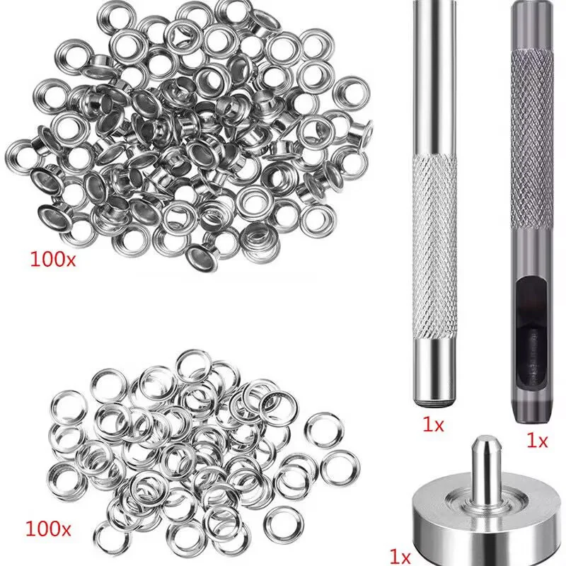 100 sets of stainless steel  eyelets with a tool ,for canvas holes, clothes, handbag, 5mm/6mm inner diameters