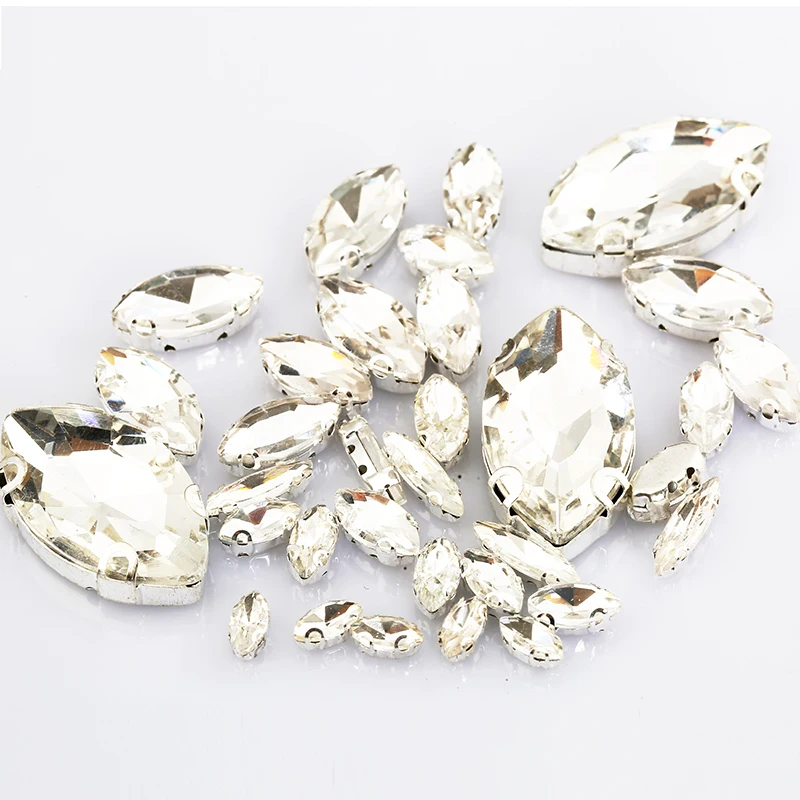 PEESOM 4x8/5x10/6x12/7x15/9x18/17x32mm Sew On Glass Horse Eye Rhinestone Flatback Sewing Navette Stone with Sliver Claw for Diy