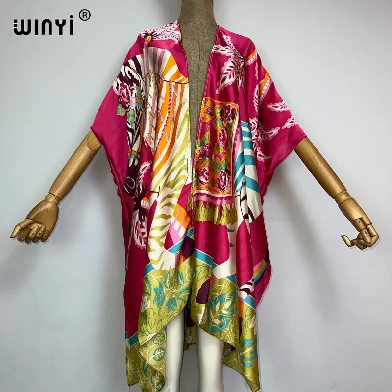 2023 Africa WINYI Plaid printing sweet lady beach Bohemian Cardigan Cover-up stitch Casual Boho Maxi Holiday party short kimono