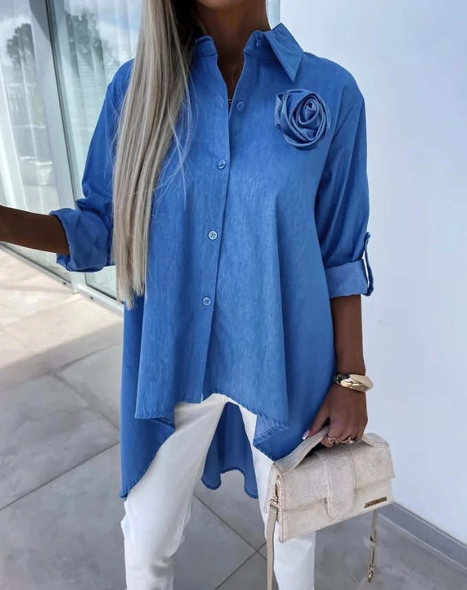 2024 Summer New Blue Women's Shirt with Rose Details Roll Sleeves, Asymmetric Hem Design Top with Short Front and Long Back
