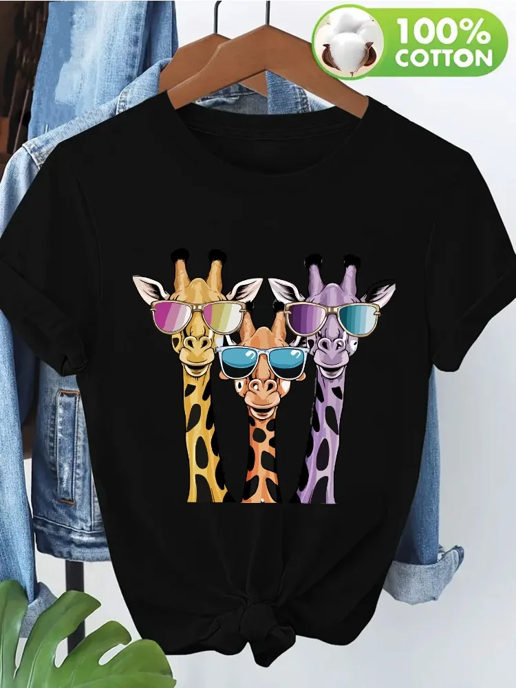 Comfortable Women's Clothing: 100% Cotton Crew-neck T-shirt Featuring A Cartoon Giraffe Wearing Glasses; Women's Shirt Top