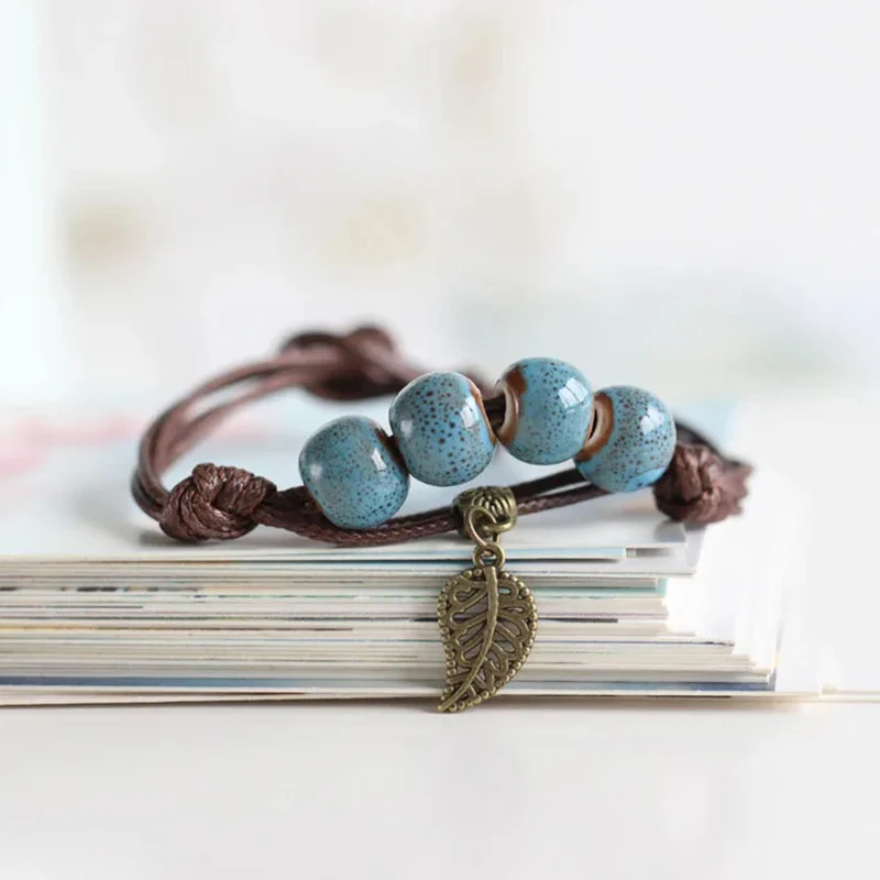 Vintage Leaf Charm Ceramic Beads Cord Bracelet Women Handmade Knotted Bohemia Bracelet Red Yellow Multi Color Beaded Bracelet