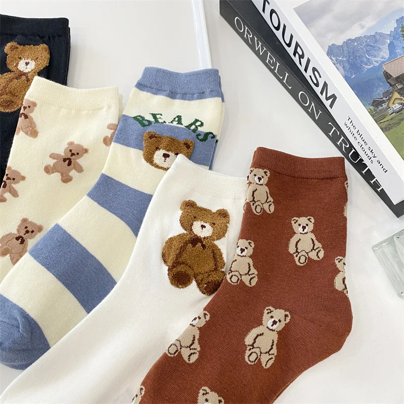 Casual Cute Bear Men\'s Socks Cotton Cartoon Harajuku Skateboard Socks Novelty Breathable Soft Happy Sox Gift for Men Couple Sox