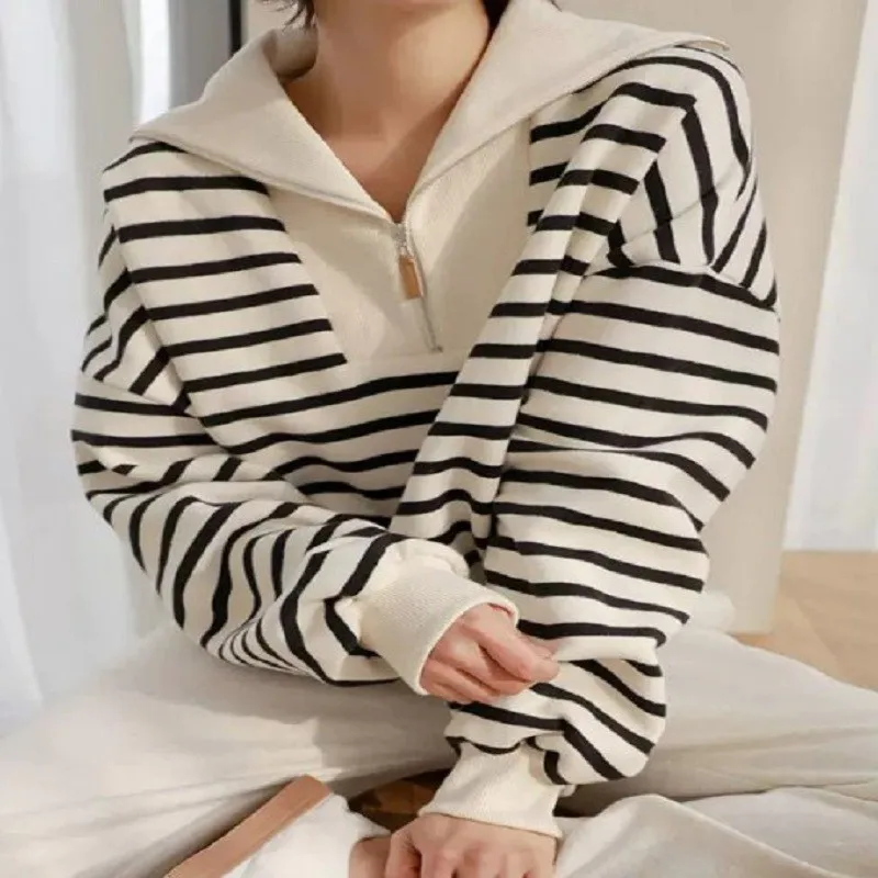 Spring Autumn Dress Striped Ladies Hoodie Design Sense of Women New Fashion Casual Loose Top Women's Wear