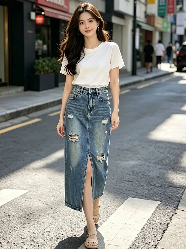 High Waist A-Line Midi Denim Skirt for Women Loose Fit Washed out Vintage American Style Half-length Skirts with Slits