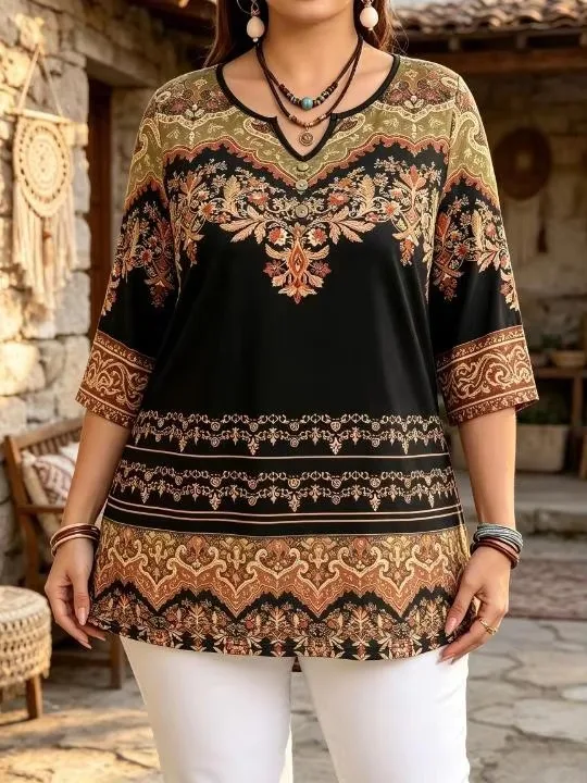 Women Ethnic Border Position Print Blouse Notched Neck 3/4 Sleeve Loose Fit For Curvy Figures Daily  Vintage Bohemian Style