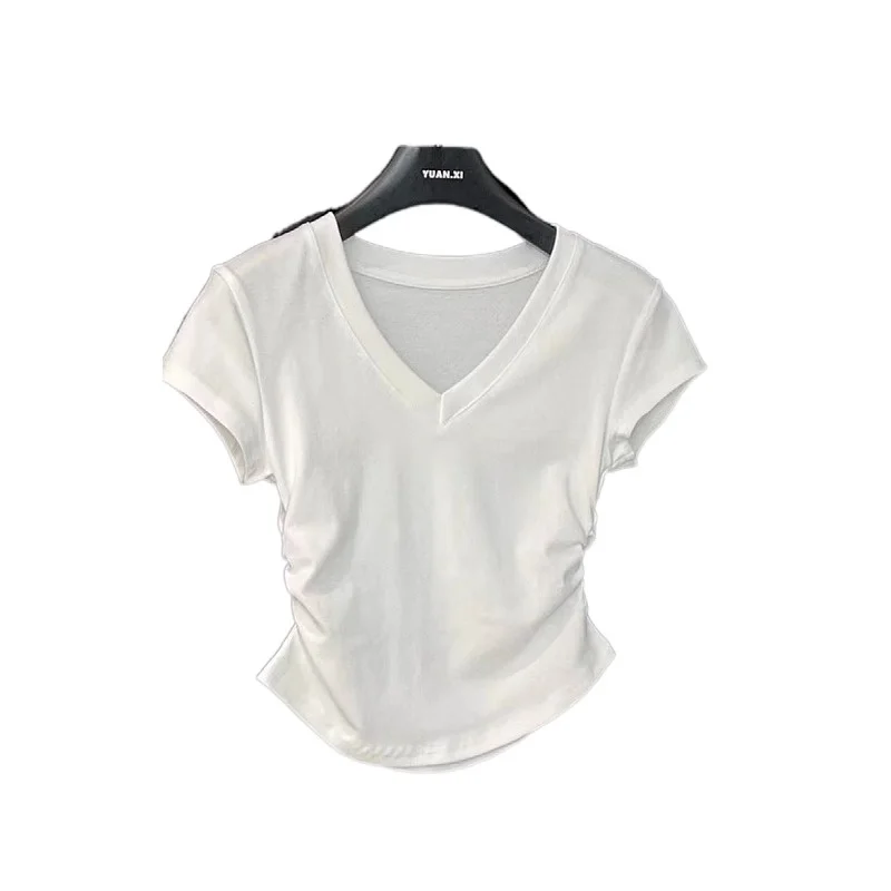 슬림핏 반팔 브이넥 티셔츠 여성 미니 기장 사이드 플리츠 디자인 만능 티셔츠 한국 스타일 단색 여름