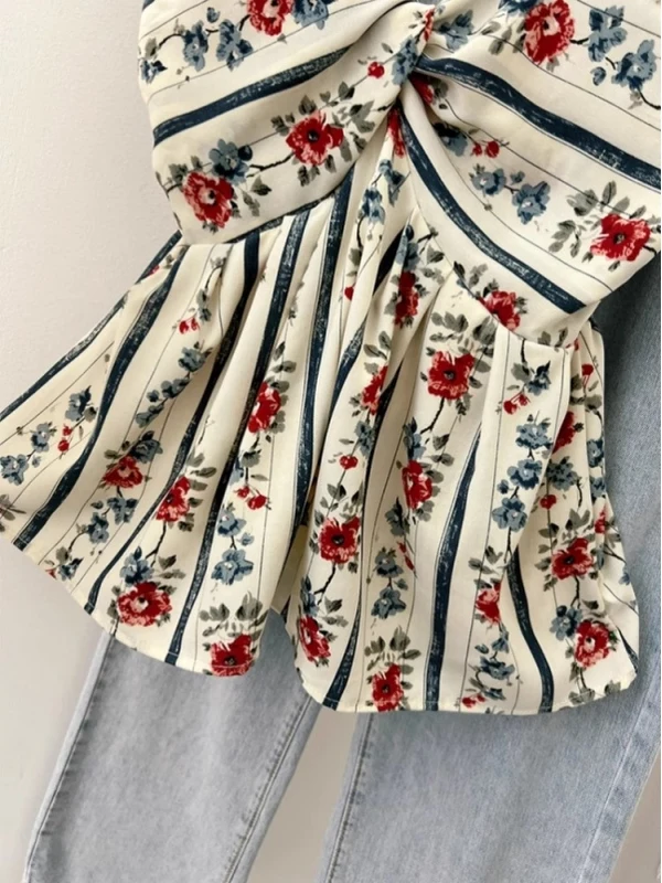 Retro Ele Schöner Blumendruck ter Ne irt Damen Sommer Neue Taille Schlankheitsdesign Knoten Top Französische Sle Loose Fit