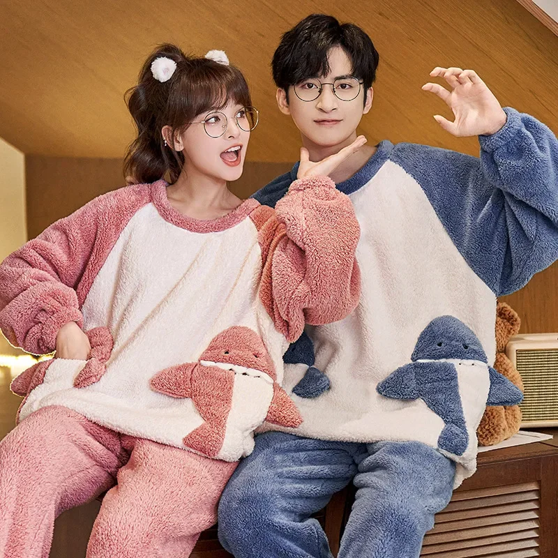 Thick Coral Velvet Pajamas Suit for Men and Women, Long Sleeve, Cartoon Sleepwear, Warm Flannel, Couple, Autumn, Winter