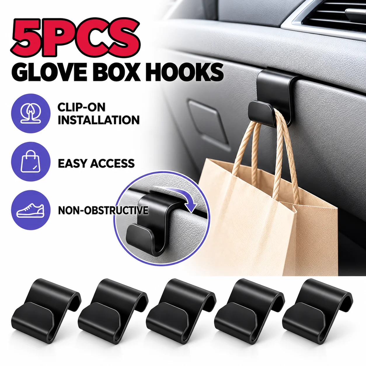 5PCS Car Wall Mounted Storage Hooks Universal Front Passenger Seat Hangers Glove Box Organizer Interior Accessories Holder