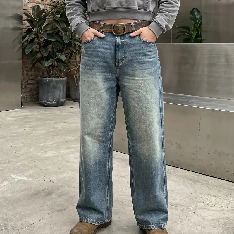 Men's Clothing Retro Washed Old Loose Straight Jeans Men's Cat Whiskers Gradual Change White Versatile Casual Pants