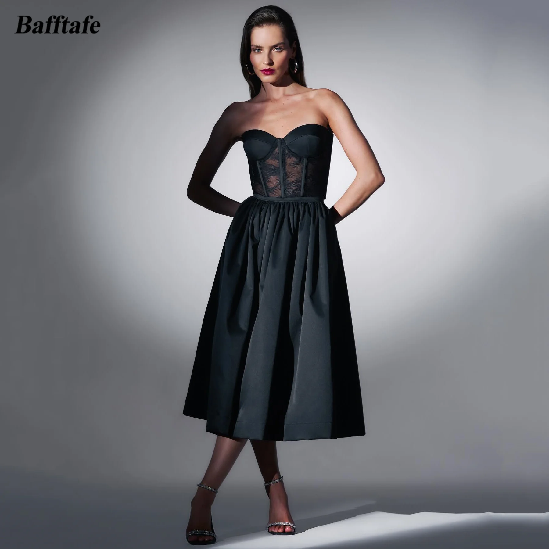 

Bafftafe Black Satin Lace Prom Party Dresses Sweetheart Formal Homecoming Gowns 2024 Tea-Length Women Special Occasion Dress