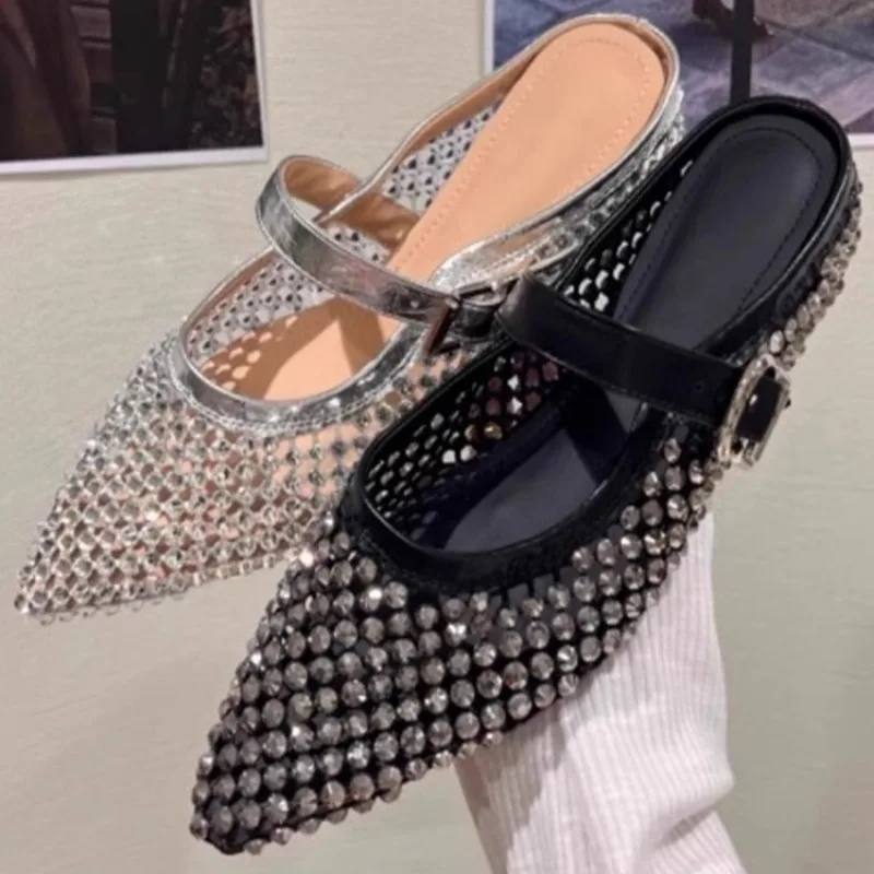 كعب منخفض باوتو النعال الصيف جديد وأشار رئيس كريستال مشبك قماش شبكي مشبك معدني لينة وحيد عدم الانزلاق حذاء مسطح