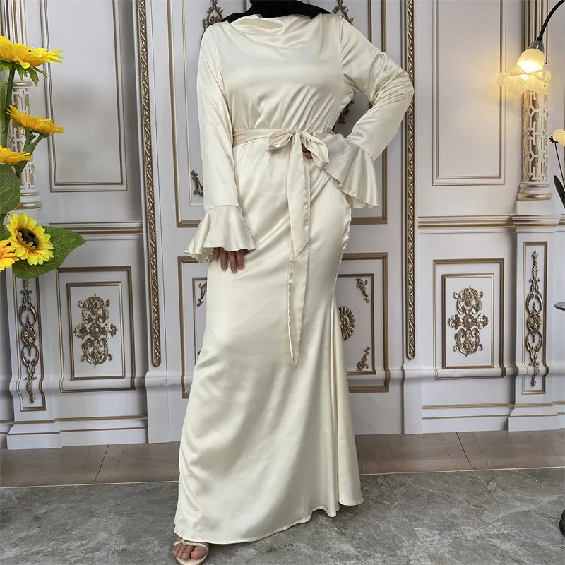 

Fashion Satin Sliky Women Muslim Dress Dubai Full Length Ruffled Sleeves Soft Solid Abayas Turkey Lace-up Muslim Islam Robes