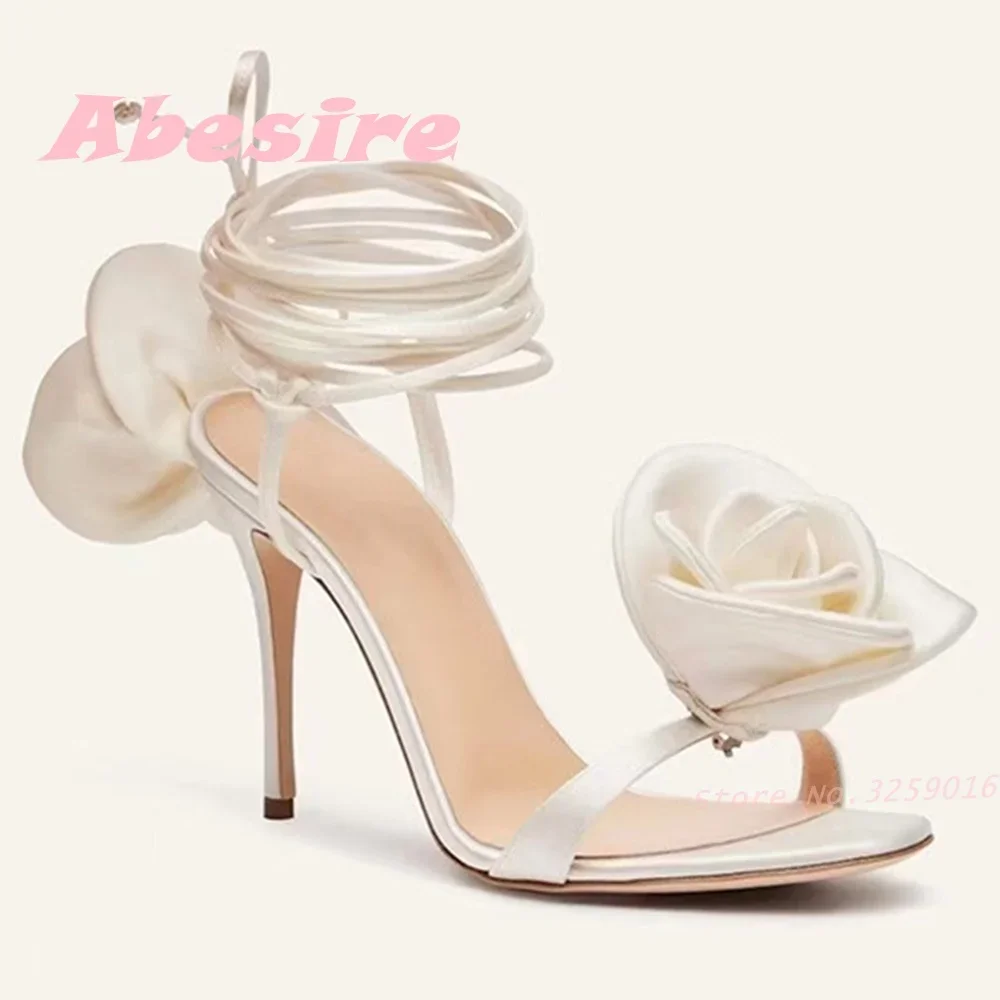 Red Satin Lace Up Sandals Round Toe One Strap Rose Flower Decor Stiletto Heels Women's Sandals Solid Elegant Party Shoes Sexy