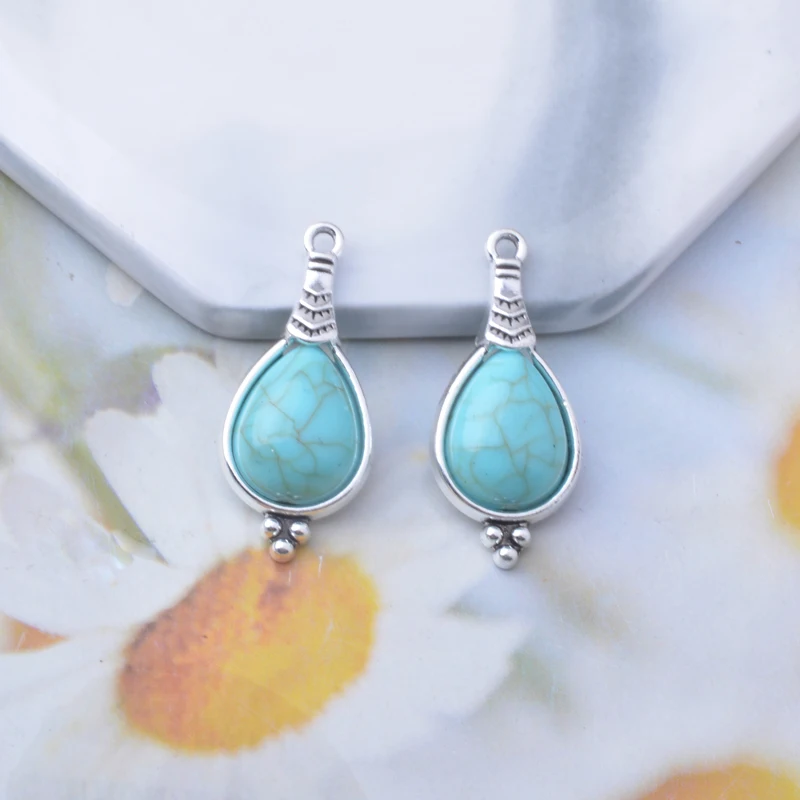 10pcs Antique Silver Color Alloy Imitation turquoise stone Round Connector Heart Water Drop  Leaf Charms Jewelry Pendants