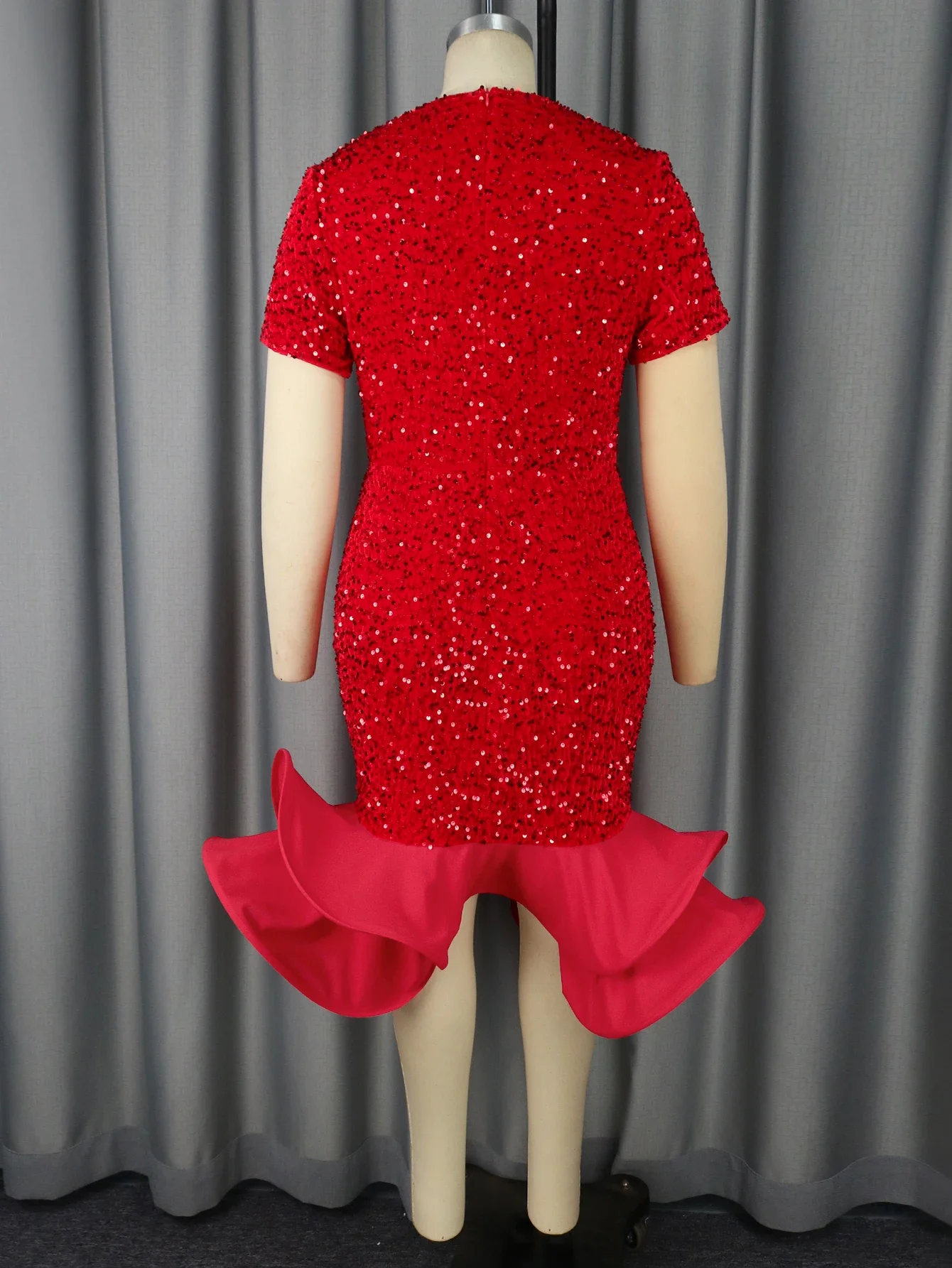 Women Red Sequin Vintage Celebrate Party Dress Short Sleeve Cut Out V Neck Elegant Slim Fit Ruffle Patchwork Birthday Prom Gowns