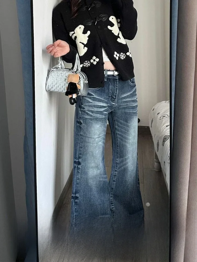 

Выцветшие женские джинсы большого размера в стиле ретро, осенне-зимние брюки с низкой талией и оборками, износостойкие расклешенные брюки...