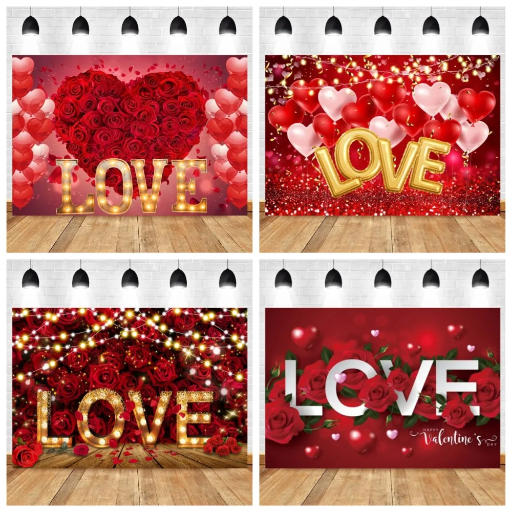

Valentine's Day Backdrop Rose Flower Golden Love Balloon Bridal Shower Wedding Valentine Day Party Decor Photography Background